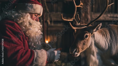 Santa Claus feeding a glowing carrot to a grateful reindeer inside a rustic stable after a long night. Peaceful, cozy Christmas scene filled with warmth and holiday magic.
