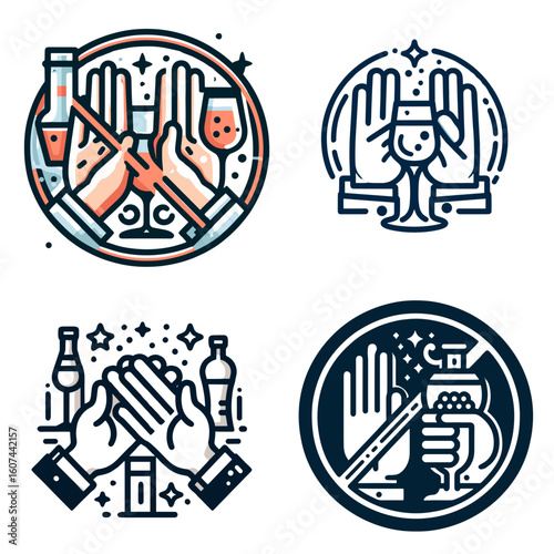 Hands refusing alcohol with drinks and party symbols in illustrations  