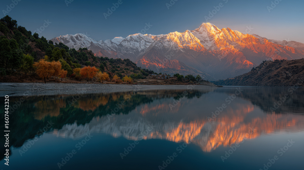 Fototapeta premium breathtaking glacial valley in nepal at sunrise showcasing majestic mountains illuminated by golden rays of morning