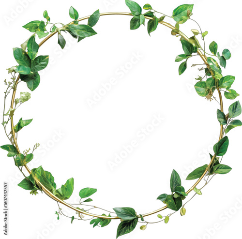 Golden circle frame adorned with green ivy leaves vector
