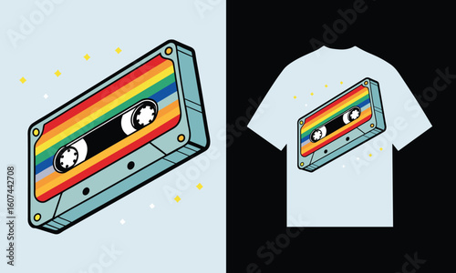 Retro cassette tape with rainbow stripes on t shirt