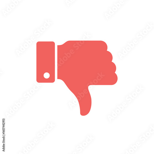 Coral red thumbs down icon with a flat design symbolizing disapproval dislike or rejection.