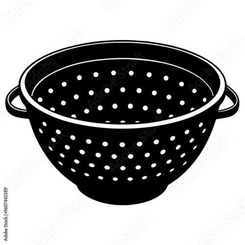 A black and white illustration of a round colander with handles for draining food