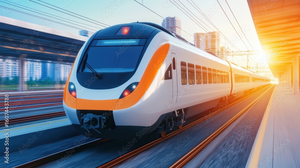 Naklejka premium Modern Train Approaching Station During Sunset with City View