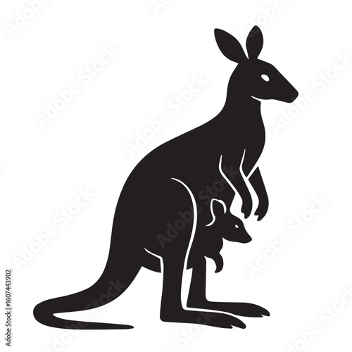 Elegant Silhouette of a Kangaroo with Joey in Pouch on White Background