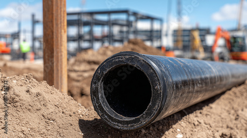 Wallpaper Mural Black plastic pipe cut end facing the viewer, resting on coarse sand next to a rough brown pole, industrial building framework rises behind, showcasing efficient water supply syste Torontodigital.ca