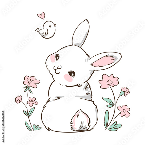 Hand drawn bunny and little bird, flowers Сute rabbit print design for kids fashion Vector