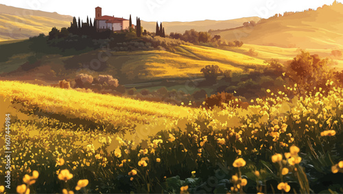 Golden yellow flower field rolling hills Tuscan villa at sunset nature landscape