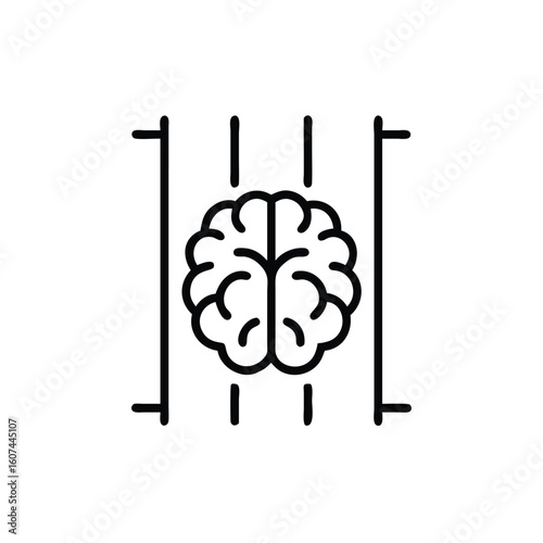 Outline brain icon trapped between vertical bars horizontal lines chip technology