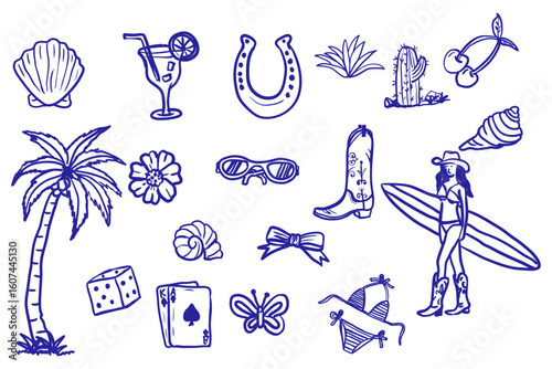 Whimsical coastal cowgirl doodle hand drawn collection design.