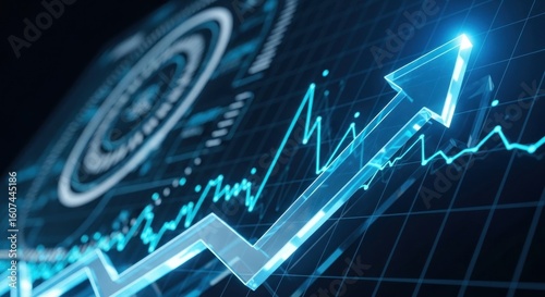 Sky blue sharp arrow moving up a financial graph, dark background, high detail,	