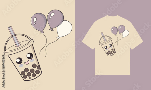 Kawaii boba tea drink with balloons and t shirt design