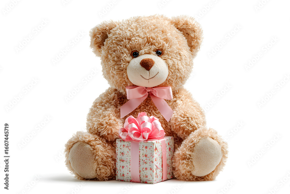 Obraz premium brown teddy bear with pink ribbon bow, sitting with wrapped gift box, white background. Valentines Day, Women Day, Birthday celebration Concept.
