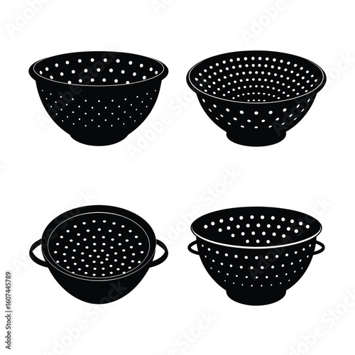 Kitchen Tools Silhouettes – Black Vector Icon Set of Colanders and Strainers for Cooking, Draining, and Food Preparation Design