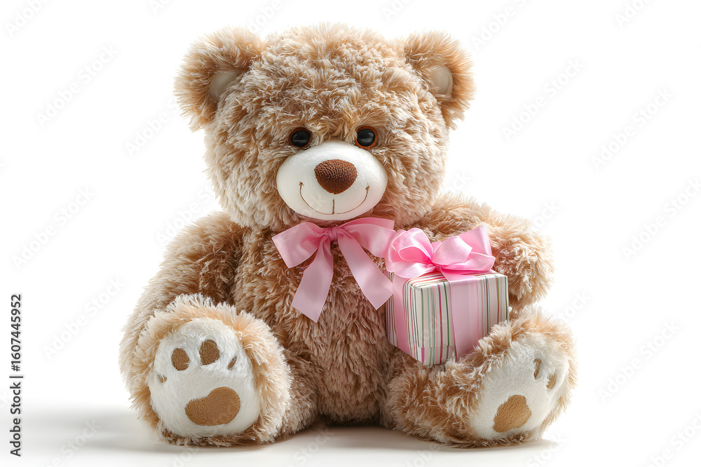 Obraz premium brown teddy bear with pink ribbon bow, sitting with wrapped gift box, white background. Valentines Day, Women Day, Birthday celebration Concept.