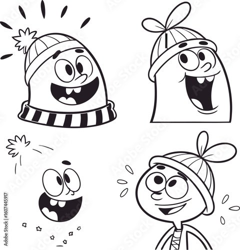 Black and White Cartoon Characters Wearing Winter Hats and Smiling Happily in Various Poses