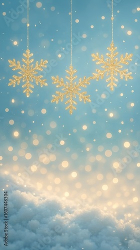 Snowflakes dangle gracefully above soft clouds in a mesmerizing winter wonderland setting