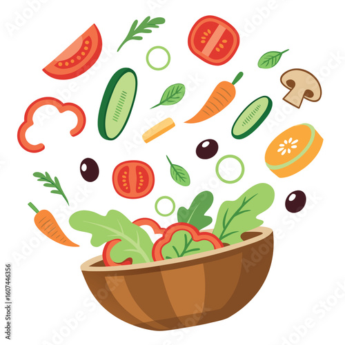 A wooden bowl overflows with fresh vegetable slices, including tomatoes and carrots on white