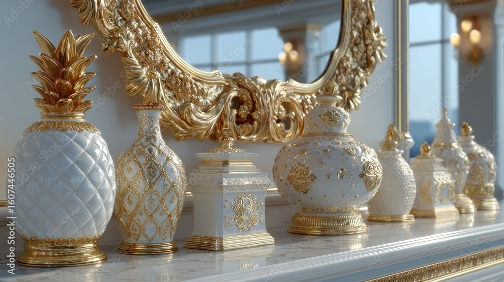 Fototapeta premium Ornate white porcelain and gold decorative objects on a marble mantelpiece