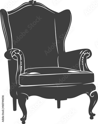 Elegant antique armchair in silhouette, detailed carving, vintage furniture design