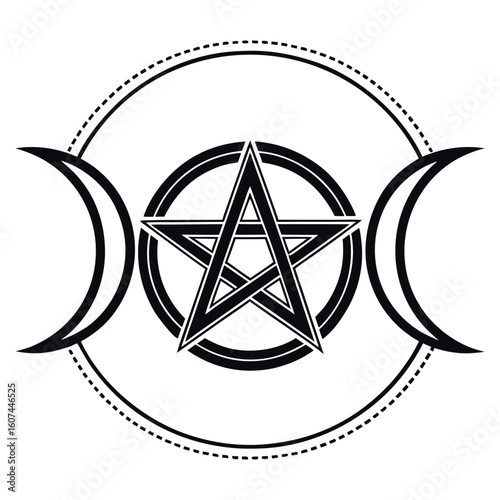 Black outlined pentacle within circle between crescent moons has a transparent background