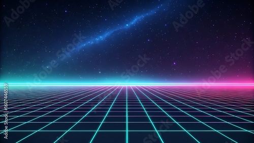 Retro-futuristic 80s-style synthwave landscape with a glowing neon grid extending to a cosmic, starry horizon.