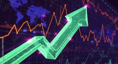 Jade sharp arrow moving up a financial graph, dark background, high detail	