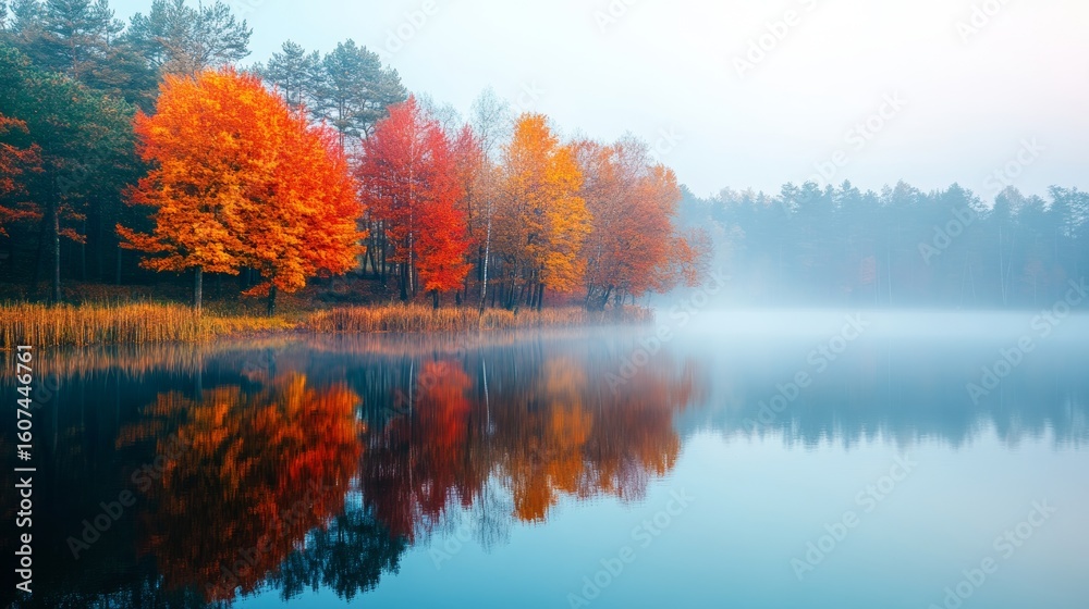 A misty autumn morning with a calm lake reflecting vibrant trees A misty autumn morning with a calm lake reflecting vibrant trees