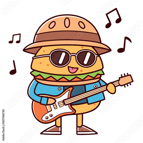 Burger cartoon character wearing sunglasses and hat plays guitar with musical notes