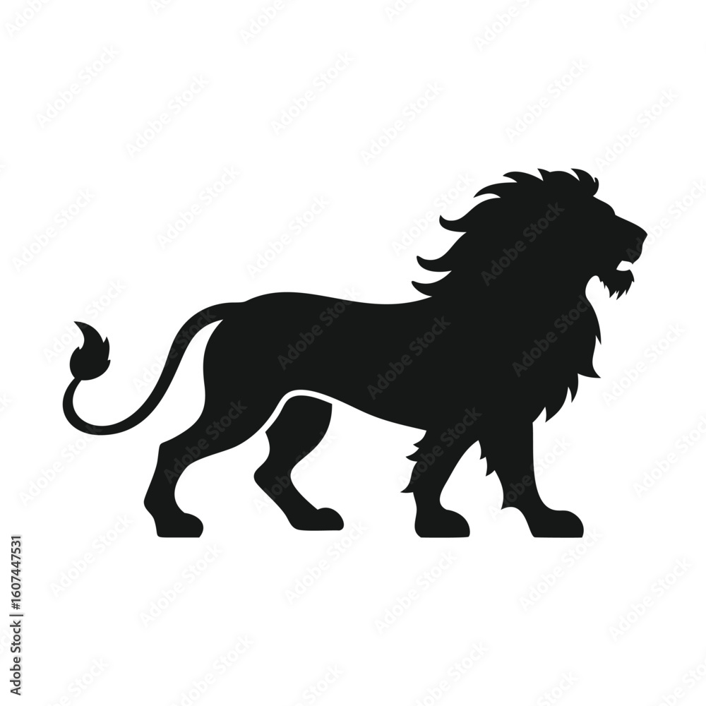 Obraz premium A majestic lion silhouette, isolated on white background, embodies strength and power with its regal mane and fierce stance, representing the king of the jungle