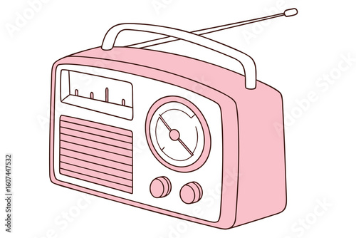  retro pink radio, vintage analog radio, minimalist radio design, simple radio with dial and antenna, classic portable radio, minimalist electronic device