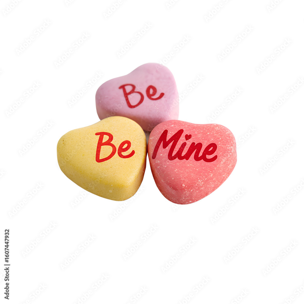 Obraz premium Three conversation heart candies with messages isolated on transparent background
