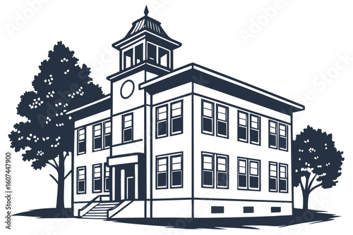 Two story school building with tower and trees educational institution architecture