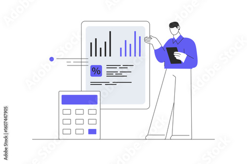 Accounting. Man analyzing financial statistics, company profit or business data, calculating and making inspection report. Flat Cartoon Vector Illustration, icon. Stylish abstract design landing page