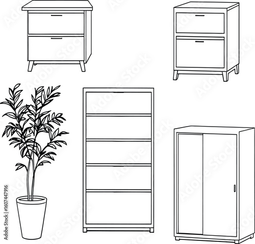 Furniture Icon Grid Featuring Nightstands, Bookshelf, Wardrobe, and Potted Plant in Minimal Vector Style