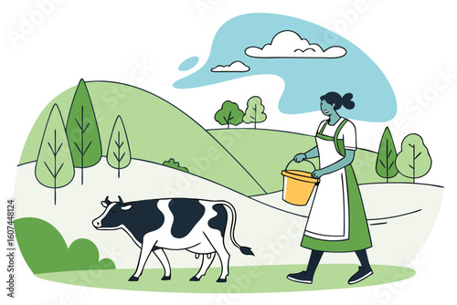 Woman farmer with cow and bucket in green landscape black and white cow