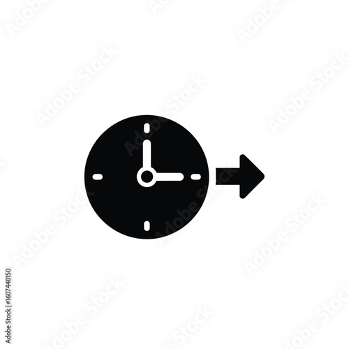 Simple Black Clock Icon with Right Arrow Time Management Symbol.