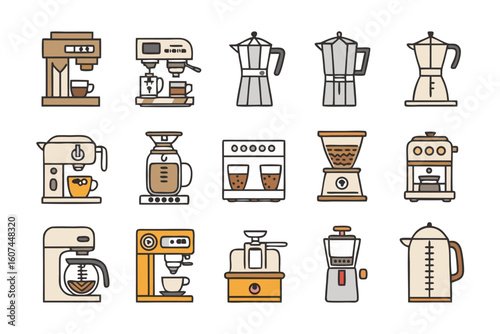 Detailed Coffee Machine Icon Set: Retro Filled Outline Vectors for Coffeehouse Branding

