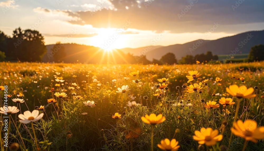 Fototapeta premium Golden cosmos field glows at sunset