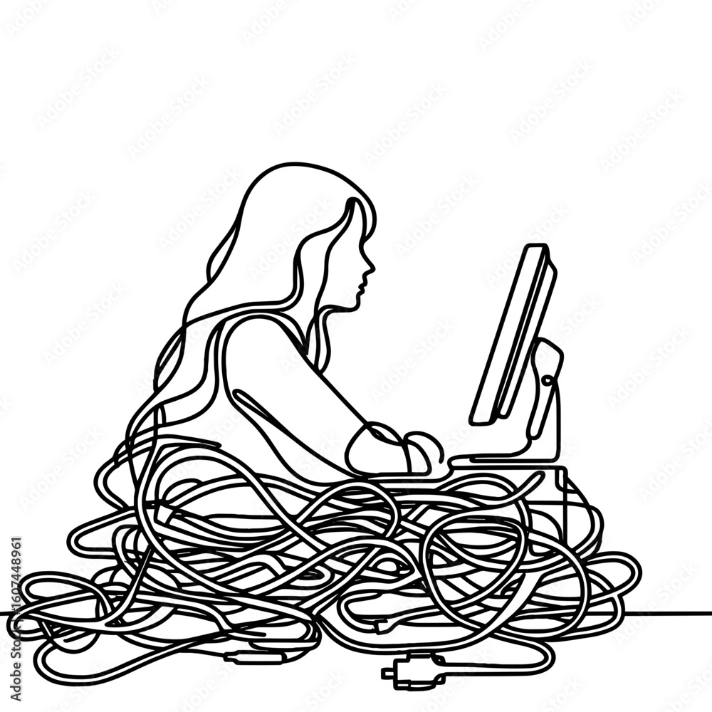 Obraz premium Person using computer against tangled cables 