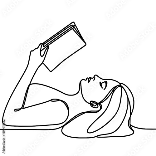 Woman lying reading book against blank background