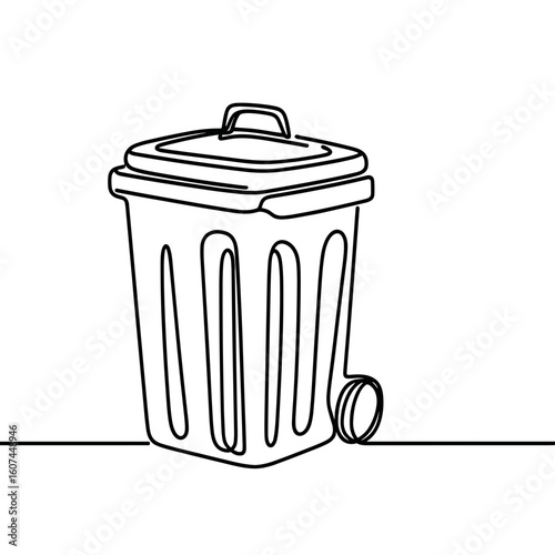 Trash bin drawn in outline style in black and white for waste