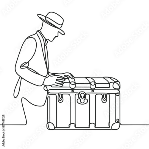 Man leaning over vintage suitcase in line art style