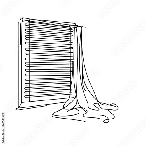Open blinds and sheer curtain drawing in simple style in black and white