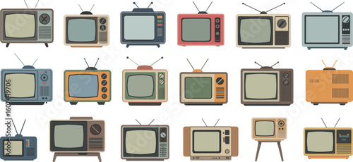 Collection of vintage television sets, retro TV icons, old analog displays, 70s 80s 90s classic televisions, antique electronics