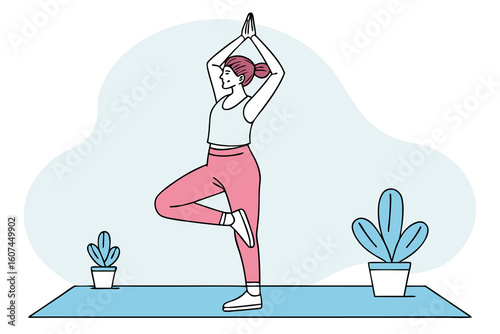Woman practicing yoga tree pose with plants fitness exercise
