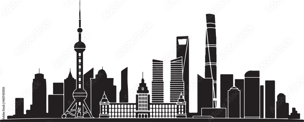 Obraz premium Shanghai City Skyline Silhouette Urban Architecture Landmark Vector Image