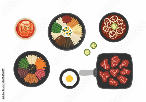 Flat Style Delicious Korean Cuisine Food Set Illustration Graphic