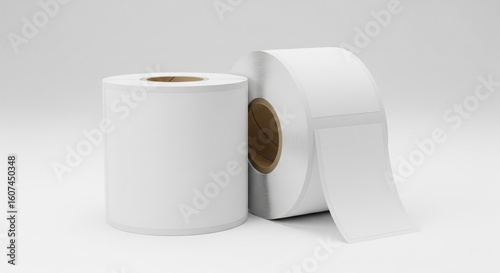 Two blank thermal label rolls with adhesive backing on white background