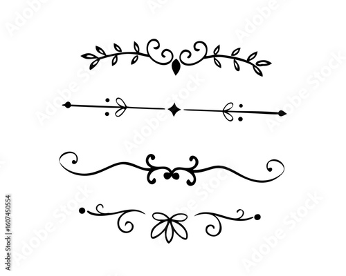 text dividers doodle set. Wedding decorative elements. Divider ornament, borders, floral, vintage line separators. Hand drawn vector illustration isolated on white background. Set page dividers.